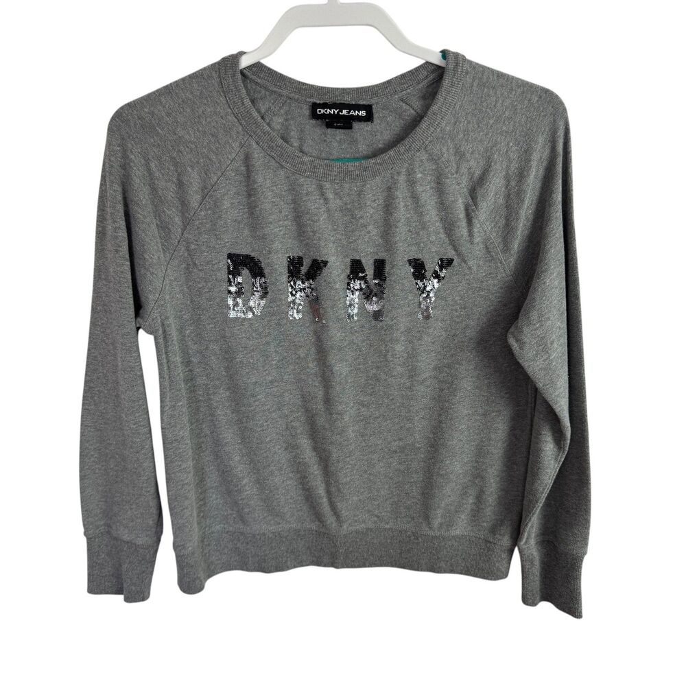 DKNY Women's Sweatshirt Size Small Gray Sequin Logo Long Sleeves